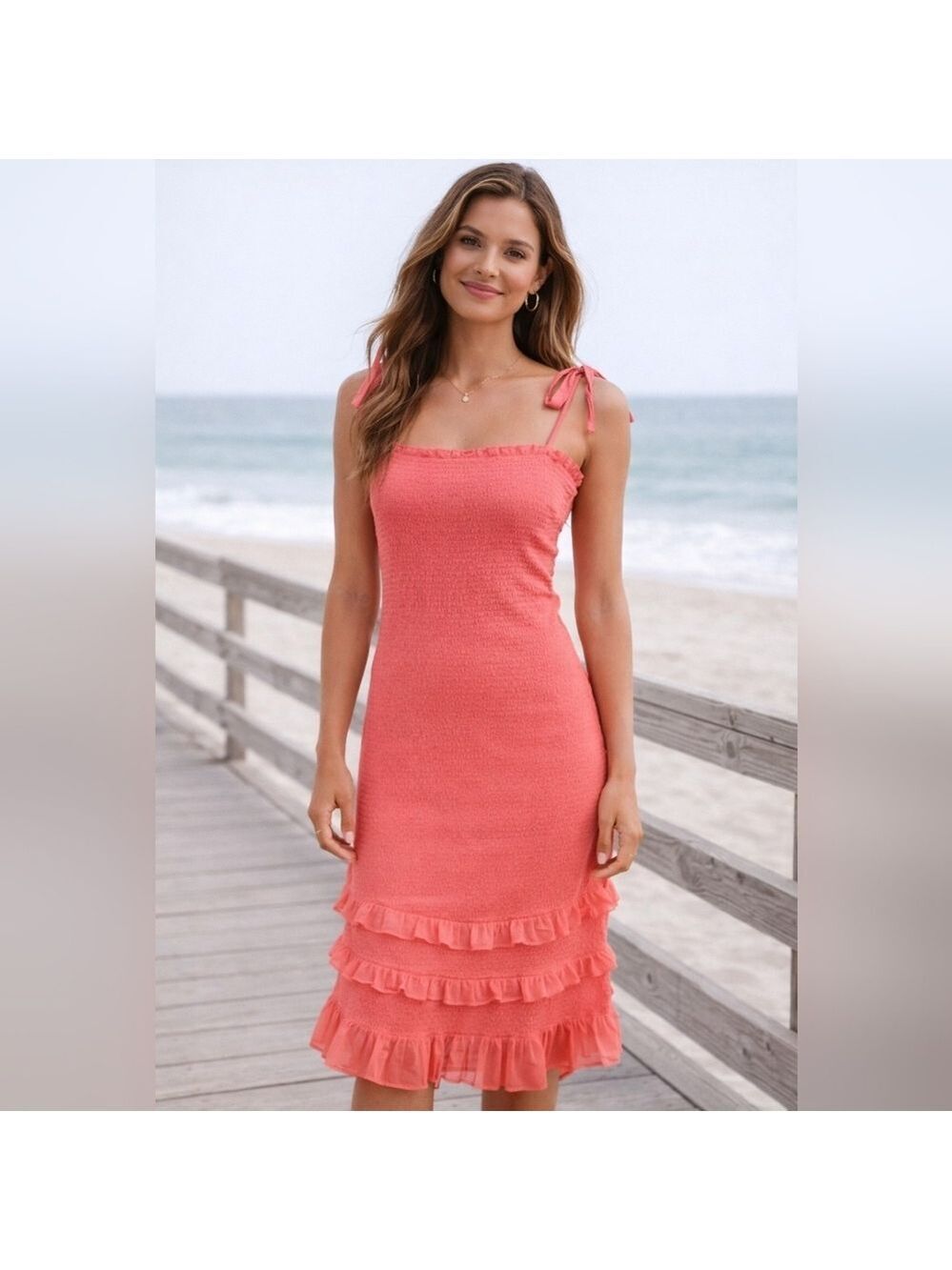 Abercrombie & Fitch Tie Strap Smocked Midi Coral Fun & Flirty Sundress  Size L